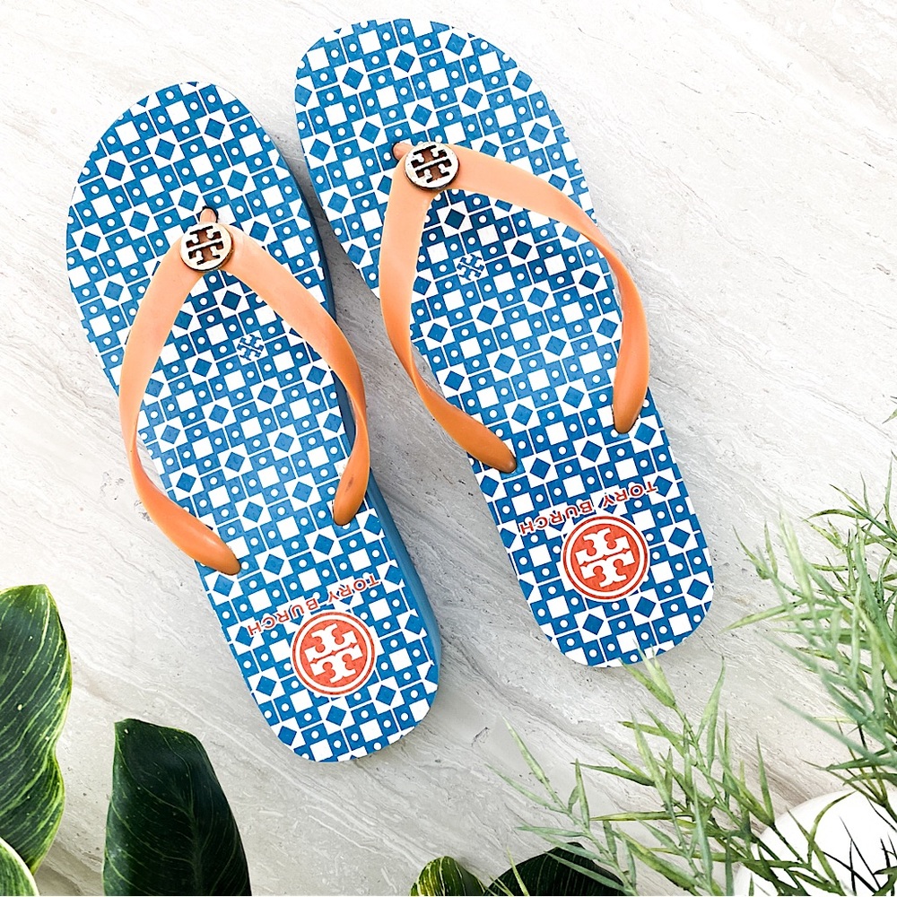Tory Burch Blue Orange and White Isidro Wedge Thong Flip Flop Sandal Siz…
